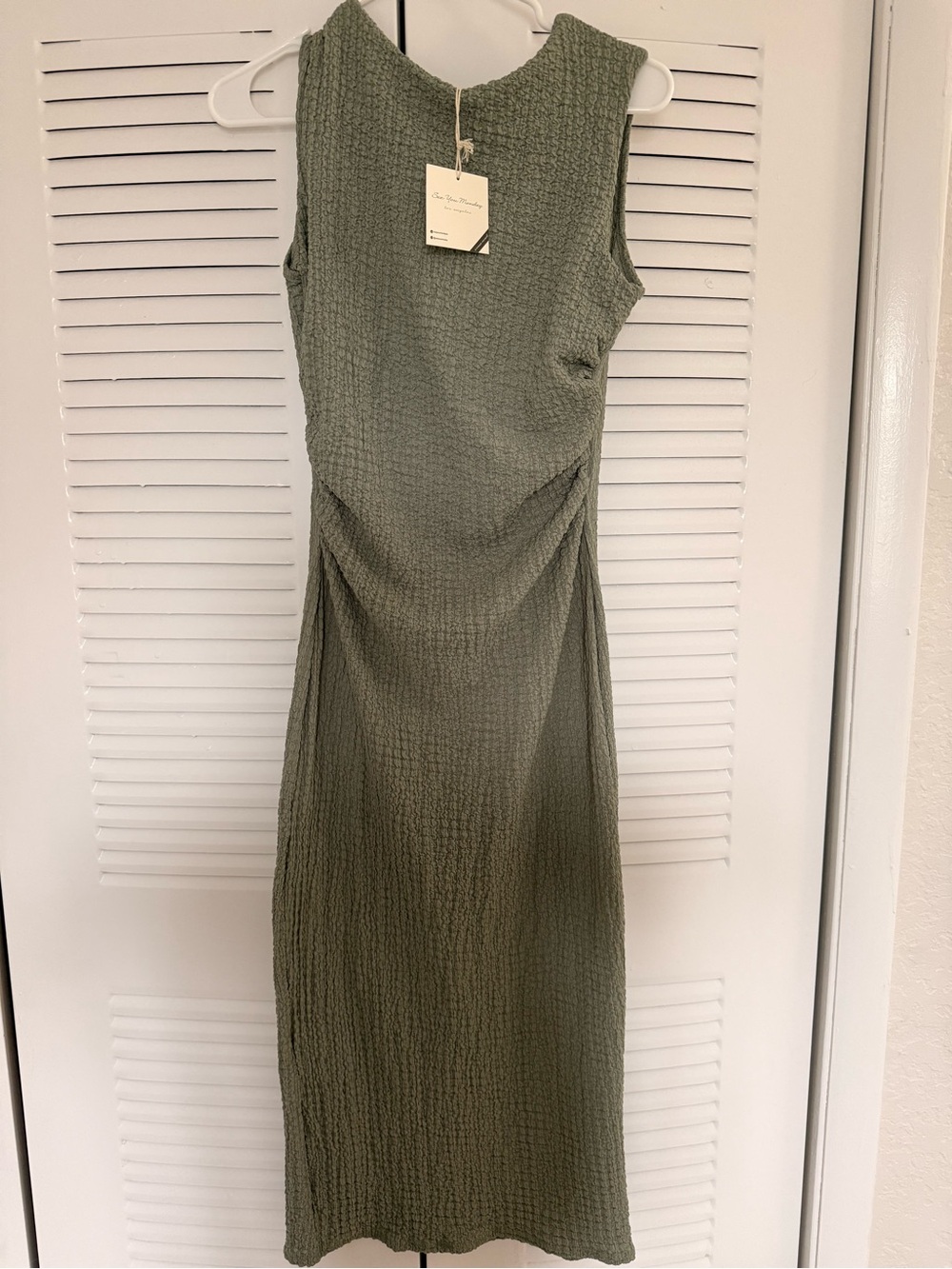 Sleeveless Textured Midi Dress in Olive Green